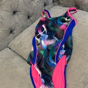 Speedo Blue Multicolor One-Piece Swimsuit with Hot Pink Trim